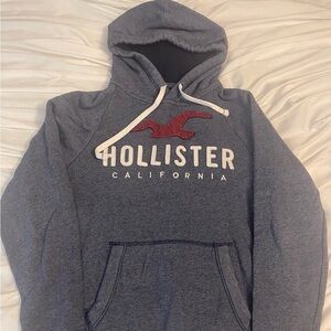 Hollister Men's Blue Hoodie with Red Logo